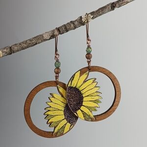 HAND CRAFTED Boho Sunflower Wooden Copper Dangle Drop Statement Earrings